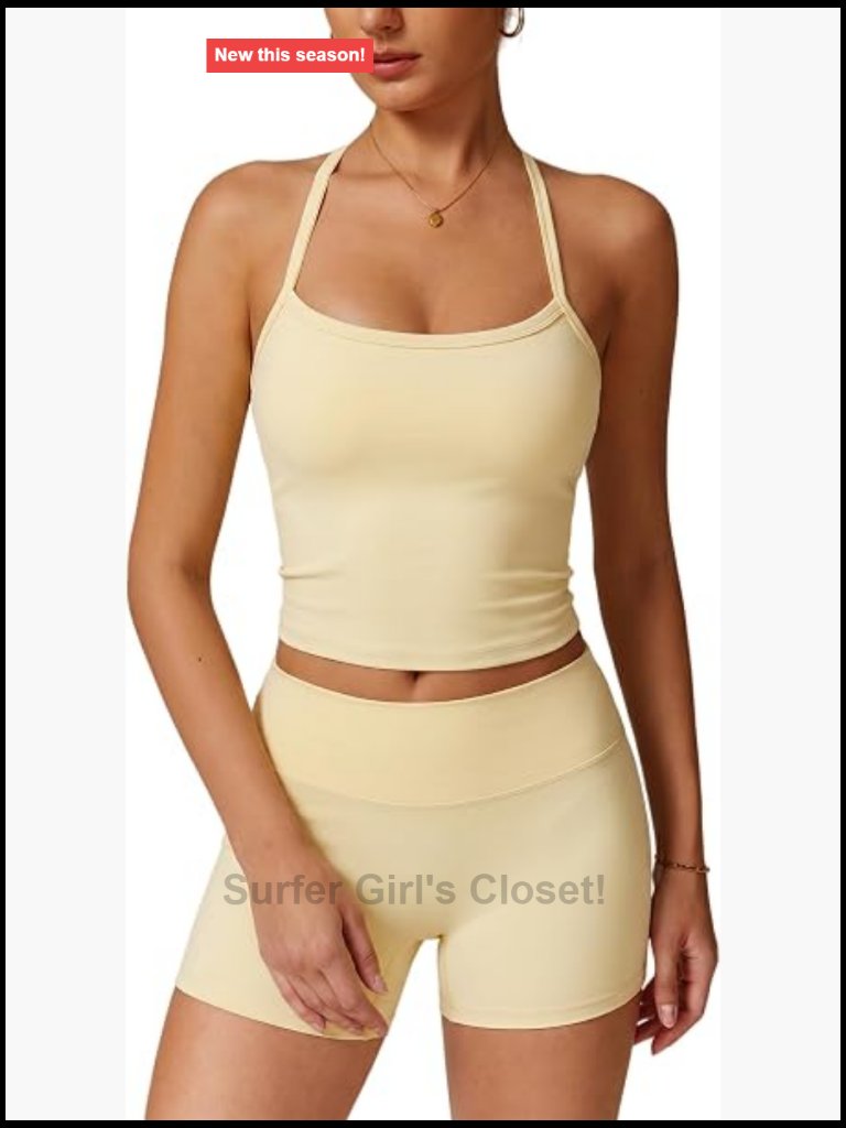 Two Piece Workout Sets Longline Tank Top Built In Bra High Waisted Shorts Gym